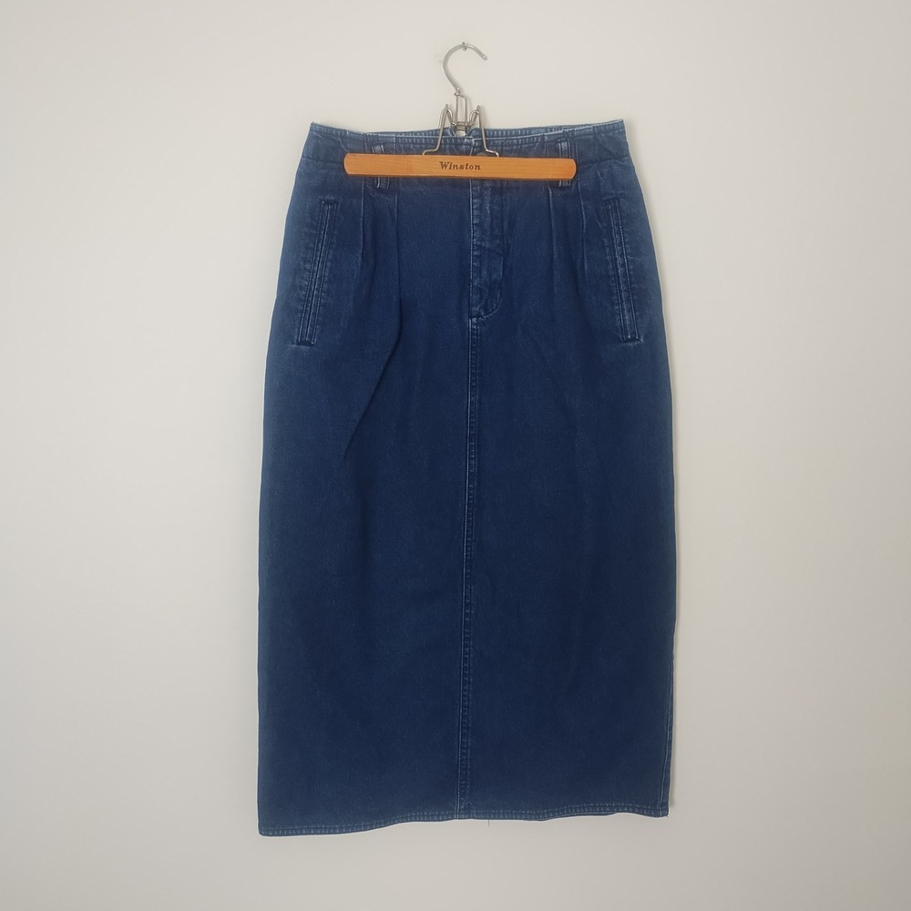 Lizsport Denim Midi Skirt Women's 6 Pleated High Waist Vintage 90s Country